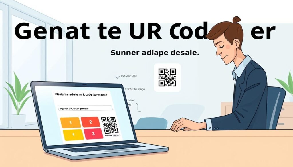 A clean, modern workspace showcasing the steps to generate a QR code. In the foreground, a sleek laptop displays a user-friendly QR code generator interface, featuring colorful buttons and a code preview, with a soft glow illuminating the screen. Beside it, a person in professional business attire interacts with the laptop, appearing focused and engaged. The middle section presents an infographic-style layout depicting the step-by-step process: inputting a URL, selecting a color scheme, customizing the design, and downloading the QR code. The background features a minimalistic office setting, with a large window allowing natural light to fill the room, enhancing the productive atmosphere. The overall mood is encouraging and accessible, aiming to inspire readers to create their own QR codes effortlessly.