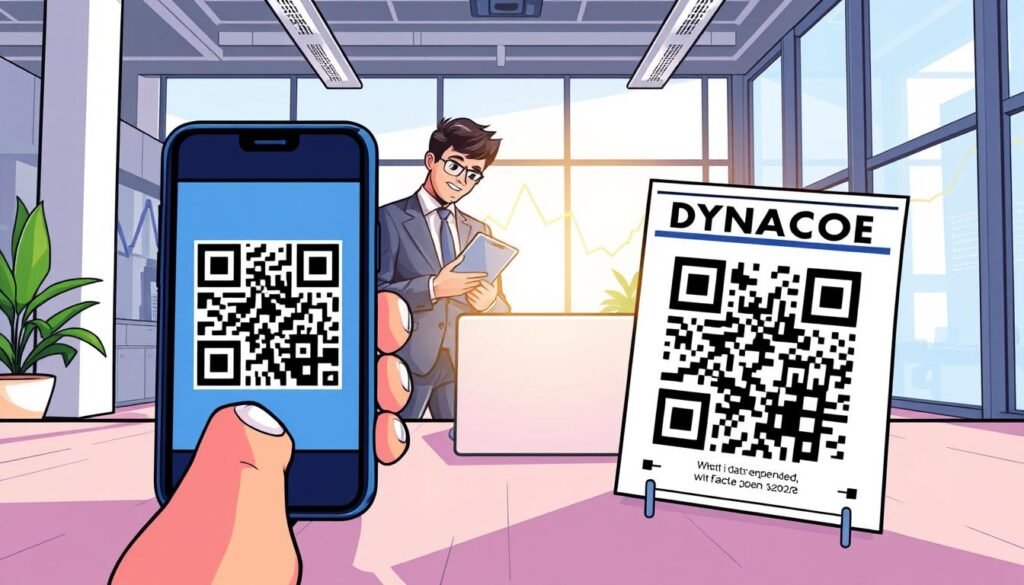 A clear and detailed illustration depicting the concept of Static vs. Dynamic QR Codes. In the foreground, a dynamic QR code scans from a smartphone displaying animated data flow, while a static QR code is printed on a classic paper flyer in a contrasting design. In the middle ground, a professional individual in business attire, analyzing the codes on a tablet, surrounded by tech elements like a laptop and digital graphs. The background shows a modern office setting with natural light streaming through large windows, creating an inviting atmosphere. The colors are vibrant, with a tech-inspired aesthetic, emphasizing the differences between the two QR code types while maintaining a cohesive visual narrative. The shot is taken at eye level, ensuring clarity and focus on the subject matter. A clear and detailed illustration depicting the concept of Static vs. Dynamic QR Codes. In the foreground, a dynamic QR code scans from a smartphone displaying animated data flow, while a static QR code is printed on a classic paper flyer in a contrasting design. In the middle ground, a professional individual in business attire, analyzing the codes on a tablet, surrounded by tech elements like a laptop and digital graphs. The background shows a modern office setting with natural light streaming through large windows, creating an inviting atmosphere. The colors are vibrant, with a tech-inspired aesthetic, emphasizing the differences between the two QR code types while maintaining a cohesive visual narrative. The shot is taken at eye level, ensuring clarity and focus on the subject matter.