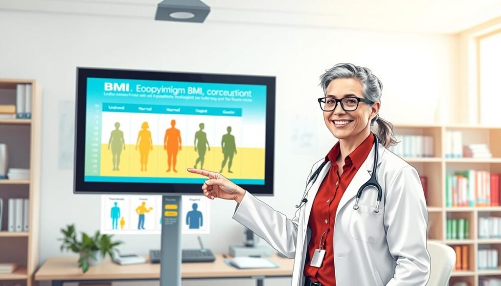 A clear and informative illustration of Body Mass Index (BMI) explained visually. In the foreground, an engaged healthcare professional in smart casual attire points at a large digital screen displaying a colorful infographic explaining BMI concepts. The middle ground features simple, bold graphics of BMI categories (underweight, normal, overweight, obese) depicted with icons of diverse silhouettes. In the background, a bright and well-lit medical office setting, with charts and health-related books on shelves. Use soft, natural lighting to create a welcoming atmosphere, and a wide-angle lens to capture the entire scene, evoking a sense of clarity and understanding about BMI and its importance for health.