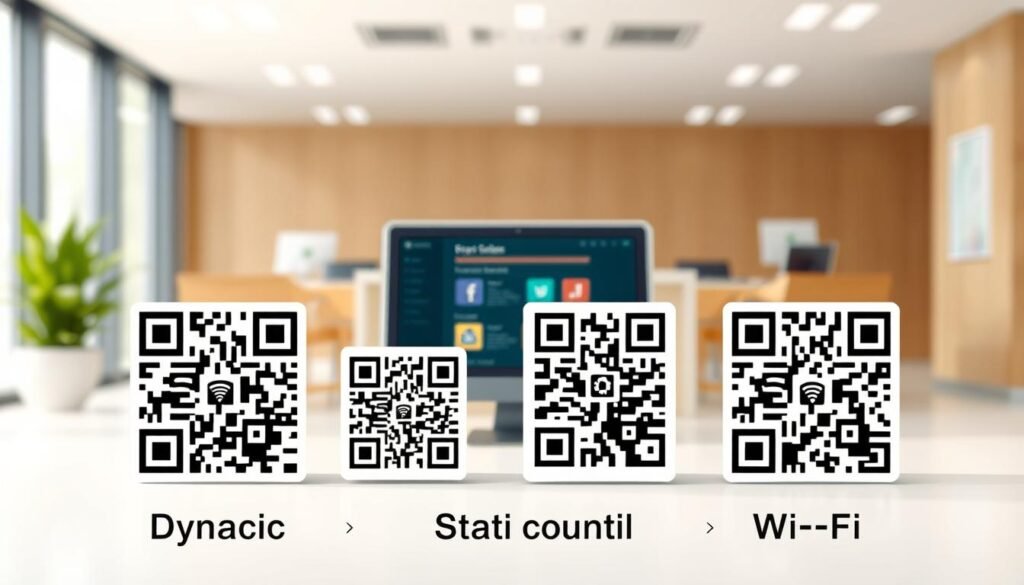 A clear and informative illustration showcasing different types of QR codes, such as dynamic, static, promotional, and Wi-Fi QR codes. In the foreground, display four distinct QR codes, each labeled with its type, surrounded by small icons representing their use (e.g., a shopping cart for promotional, a Wi-Fi symbol for Wi-Fi). In the middle, incorporate a sleek digital interface, suggesting an online QR code generation tool, with vibrant colors to capture attention. The background should be a modern office environment, softly blurred, to emphasize professionalism. Use bright, natural lighting to create an inviting atmosphere and ensure the composition is clean, organized, and visually appealing. Aim for a high-resolution, semi-realistic style that balances informative content with an engaging aesthetic. A clear and informative illustration showcasing different types of QR codes, such as dynamic, static, promotional, and Wi-Fi QR codes. In the foreground, display four distinct QR codes, each labeled with its type, surrounded by small icons representing their use (e.g., a shopping cart for promotional, a Wi-Fi symbol for Wi-Fi). In the middle, incorporate a sleek digital interface, suggesting an online QR code generation tool, with vibrant colors to capture attention. The background should be a modern office environment, softly blurred, to emphasize professionalism. Use bright, natural lighting to create an inviting atmosphere and ensure the composition is clean, organized, and visually appealing. Aim for a high-resolution, semi-realistic style that balances informative content with an engaging aesthetic.