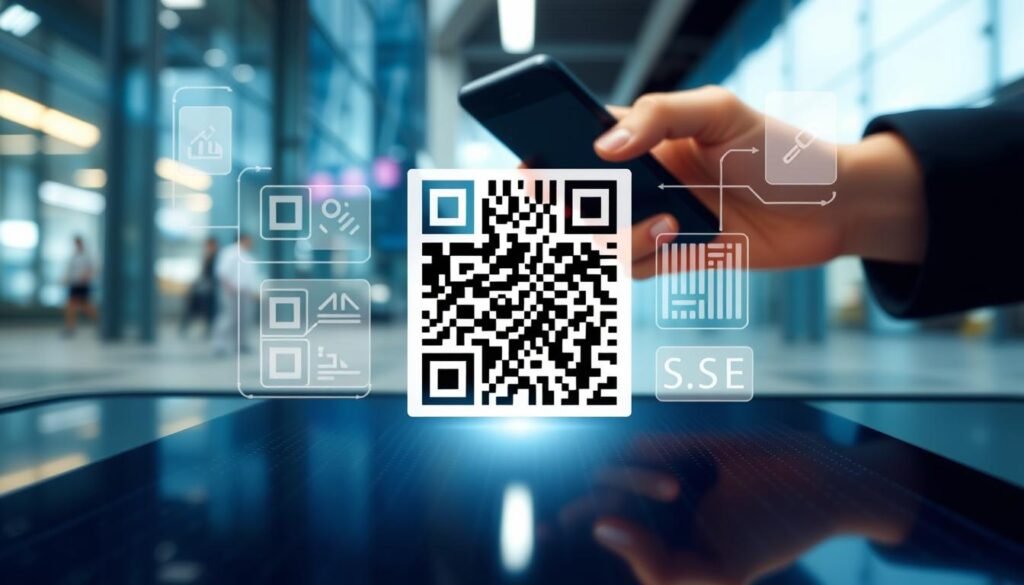 A close-up of a QR code prominently displayed in the foreground, with a smooth digital surface that reflects light. Surrounding the code, show a hand holding a smartphone, scanning the QR code, emphasizing interaction. In the middle ground, there are transparent overlays illustrating the components of a QR code, such as the data matrix and timing patterns, designed in a semi-abstract style. The background features a blurred image of a modern urban environment, showcasing a tech-savvy atmosphere. Soft, diffused lighting enhances the professional ambiance, creating a clean and informative mood. The overall composition should be sleek and modern, conveying the concepts of technology and connectivity without any text or distractions. A close-up of a QR code prominently displayed in the foreground, with a smooth digital surface that reflects light. Surrounding the code, show a hand holding a smartphone, scanning the QR code, emphasizing interaction. In the middle ground, there are transparent overlays illustrating the components of a QR code, such as the data matrix and timing patterns, designed in a semi-abstract style. The background features a blurred image of a modern urban environment, showcasing a tech-savvy atmosphere. Soft, diffused lighting enhances the professional ambiance, creating a clean and informative mood. The overall composition should be sleek and modern, conveying the concepts of technology and connectivity without any text or distractions.