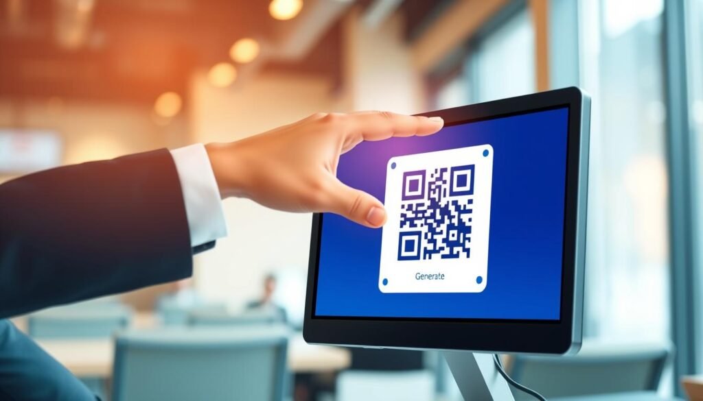 A close-up of a digital QR code generator interface, presented in a sleek, modern style. In the foreground, a computer screen displays a vibrant, clearly delineated QR code alongside simple input fields and a “Generate” button. The colors are bright with shades of blue, green, and white for a tech-friendly feel. In the middle, a subtle hand reaches towards the screen, dressed in professional attire, showcasing an interactive experience. The background features a blurred office environment with soft ambient lighting, providing a warm and collaborative atmosphere. The scene captures a sense of innovation and accessibility in technology, emphasizing the ease of creating QR codes. The overall mood is professional yet inviting, encouraging engagement with digital tools. A close-up of a digital QR code generator interface, presented in a sleek, modern style. In the foreground, a computer screen displays a vibrant, clearly delineated QR code alongside simple input fields and a “Generate” button. The colors are bright with shades of blue, green, and white for a tech-friendly feel. In the middle, a subtle hand reaches towards the screen, dressed in professional attire, showcasing an interactive experience. The background features a blurred office environment with soft ambient lighting, providing a warm and collaborative atmosphere. The scene captures a sense of innovation and accessibility in technology, emphasizing the ease of creating QR codes. The overall mood is professional yet inviting, encouraging engagement with digital tools.