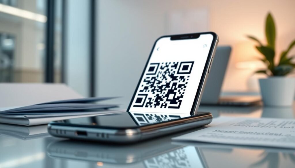 A close-up of a digital QR code prominently displayed on a smooth, modern smartphone screen, glistening in soft ambient light. The foreground features the smartphone, with subtle reflections showing a blurred office environment in the background. The middle ground includes professional business documents strategically arranged, hinting at productive use of the QR code in a business context. The background captures a sleek, minimalistic workspace with soft-focus elements like a laptop and a plant, conveying an atmosphere of innovation and ease of use. The image should combine vivid colors to enhance accessibility, with a warm and inviting tone to emphasize the user-friendly nature of QR codes, reflecting an engaging, professional mood.