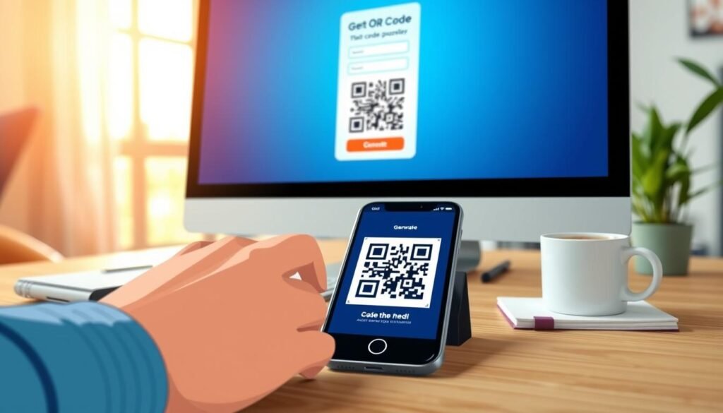 A close-up scene focused on a sleek, modern computer screen displaying a user-friendly QR code generator interface. In the foreground, a hand is actively clicking on a "Generate" button, showcasing a sense of simplicity and efficiency. The middle ground features a well-organized workspace with a stylish smartphone displaying a freshly created QR code, alongside notepads and a coffee cup, evoking a productive atmosphere. The background is softly blurred to suggest a cozy office environment with warm, natural lighting filtering through a window, enhancing the inviting mood. The image should capture the essence of creating QR codes easily and quickly, reflecting a fast-paced yet relaxed working environment. A close-up scene focused on a sleek, modern computer screen displaying a user-friendly QR code generator interface. In the foreground, a hand is actively clicking on a "Generate" button, showcasing a sense of simplicity and efficiency. The middle ground features a well-organized workspace with a stylish smartphone displaying a freshly created QR code, alongside notepads and a coffee cup, evoking a productive atmosphere. The background is softly blurred to suggest a cozy office environment with warm, natural lighting filtering through a window, enhancing the inviting mood. The image should capture the essence of creating QR codes easily and quickly, reflecting a fast-paced yet relaxed working environment.