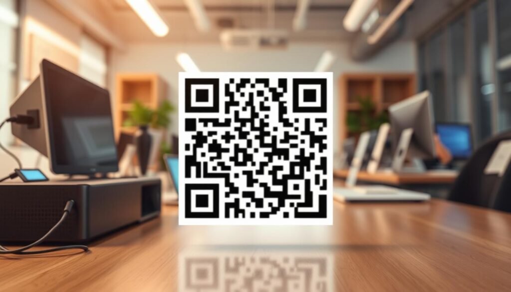 A close-up view of a QR code prominently displayed in the foreground, with a smooth, glossy texture to give it a modern look. The QR code is surrounded by soft, blurred electronics and digital devices in the middle ground, representing technology and connectivity. In the background, out-of-focus office equipment and a clean workspace evoke a professional atmosphere. The lighting is bright and soft, casting gentle reflections on the QR code to enhance its visibility. The overall mood is informative and inviting, aimed at piquing curiosity about the QR code's purpose. The image captures the essence of digital innovation while maintaining a professional aesthetic, free from any text or annotations.