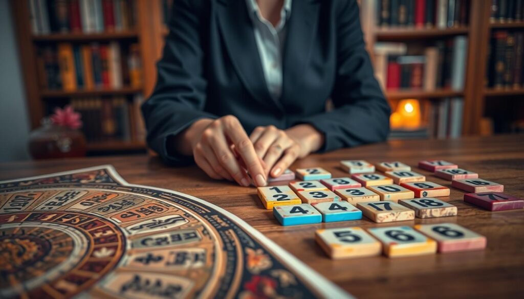 A close-up view of a beautifully arranged table featuring a variety of colorful, hand-painted number tiles representing different lucky numbers. In the foreground, an ornate astrological chart is partially visible, with names delicately written beside various numbers, symbolizing how each name relates to a specific number. The middle ground highlights a pair of hands, dressed in professional attire, gently interacting with the tiles, illustrating a thoughtful process. In the background, soft, warm lighting creates a cozy atmosphere, complemented by a blurred bookshelf filled with books on numerology and astrology. The overall mood is contemplative and inviting, emphasizing connection between personal identity and luck.