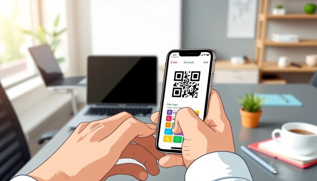 A close-up view of a smartphone displaying a QR code generator app interface, set against a modern office background with soft natural lighting. The foreground features a pair of hands typing on the phone, wearing smart casual attire. In the middle, the phone's screen shows the steps to create a QR code, with colorful buttons and options highlighted. The background includes elements of an organized workspace, like a laptop, notebook, and a cup of coffee, conveying a productive atmosphere. The scene captures a sense of innovation and simplicity, with attention to detail in the app's design, emphasizing clarity and accessibility for first-time users. A close-up view of a smartphone displaying a QR code generator app interface, set against a modern office background with soft natural lighting. The foreground features a pair of hands typing on the phone, wearing smart casual attire. In the middle, the phone's screen shows the steps to create a QR code, with colorful buttons and options highlighted. The background includes elements of an organized workspace, like a laptop, notebook, and a cup of coffee, conveying a productive atmosphere. The scene captures a sense of innovation and simplicity, with attention to detail in the app's design, emphasizing clarity and accessibility for first-time users.