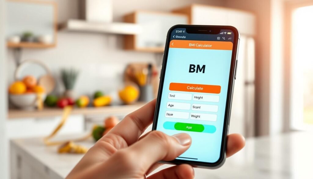 A close-up view of a smartphone displaying a sleek BMI Calculator app interface, with vibrant colors and an intuitive layout. In the foreground, focus on a hand tapping the "Calculate" button, with the screen showing various fields for height, weight, and age. In the middle, a modern kitchen environment with a healthy lifestyle vibe, featuring fresh fruits and measuring tape subtly placed to suggest fitness. The background is softly blurred, highlighting a bright, airy space with natural light coming through a window, creating a warm and inviting atmosphere. The mood is motivating and health-focused, reflecting a user-friendly app designed to promote well-being and fitness. The scene should be devoid of any text, logos, or watermarks. A close-up view of a smartphone displaying a sleek BMI Calculator app interface, with vibrant colors and an intuitive layout. In the foreground, focus on a hand tapping the "Calculate" button, with the screen showing various fields for height, weight, and age. In the middle, a modern kitchen environment with a healthy lifestyle vibe, featuring fresh fruits and measuring tape subtly placed to suggest fitness. The background is softly blurred, highlighting a bright, airy space with natural light coming through a window, creating a warm and inviting atmosphere. The mood is motivating and health-focused, reflecting a user-friendly app designed to promote well-being and fitness. The scene should be devoid of any text, logos, or watermarks.
