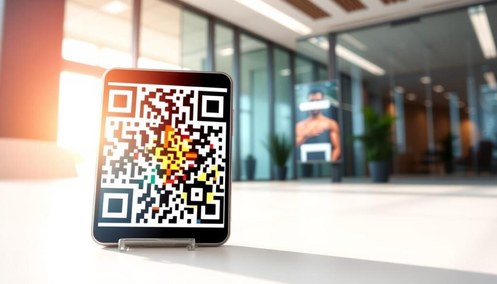 A close-up view of a vibrant QR code prominently displayed in the foreground, intricately designed with a blend of geometric patterns and colorful gradients. Surrounding the QR code, a soft-focus depiction of a modern smartphone scanning the code, emphasizing connectivity and technology. In the background, a sleek office environment is bathed in natural light, with subtle reflections on glass surfaces to convey a sense of innovation and professionalism. The camera angle is slightly tilted to create a dynamic perspective, enhancing the depth. The mood is energetic yet professional, highlighting the importance of QR codes in today's digital landscape. The overall image should convey curiosity and engagement while remaining visually appealing and informative. A close-up view of a vibrant QR code prominently displayed in the foreground, intricately designed with a blend of geometric patterns and colorful gradients. Surrounding the QR code, a soft-focus depiction of a modern smartphone scanning the code, emphasizing connectivity and technology. In the background, a sleek office environment is bathed in natural light, with subtle reflections on glass surfaces to convey a sense of innovation and professionalism. The camera angle is slightly tilted to create a dynamic perspective, enhancing the depth. The mood is energetic yet professional, highlighting the importance of QR codes in today's digital landscape. The overall image should convey curiosity and engagement while remaining visually appealing and informative.