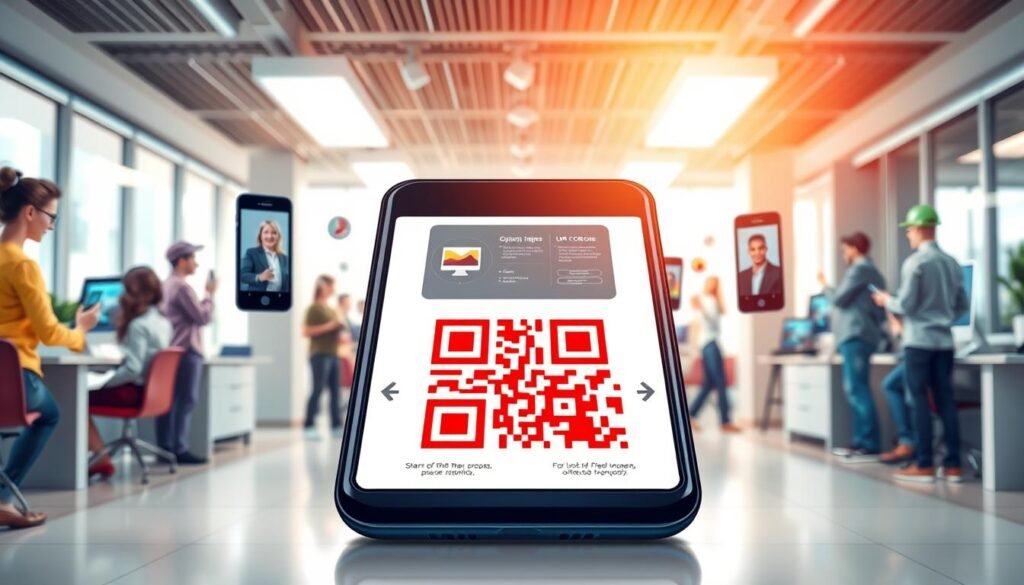 A close-up view of a vibrant, colorful QR code prominently in the foreground, surrounded by various digital elements like smartphone screens displaying QR code scanning apps and diverse people using these devices to scan the code. In the middle ground, a stylized infographic showcasing the origins and functions of QR codes, with arrows and icons indicating their practical uses, such as linking to websites and sharing information. The background features a soft-focus modern office environment with bright, airy lighting that creates an approachable and informative atmosphere. The composition is angled to give depth, and the scene evokes a sense of curiosity and exploration, suitable for a beginner's guide. The image is free of text overlays and watermarks, maintaining a clean look. A close-up view of a vibrant, colorful QR code prominently in the foreground, surrounded by various digital elements like smartphone screens displaying QR code scanning apps and diverse people using these devices to scan the code. In the middle ground, a stylized infographic showcasing the origins and functions of QR codes, with arrows and icons indicating their practical uses, such as linking to websites and sharing information. The background features a soft-focus modern office environment with bright, airy lighting that creates an approachable and informative atmosphere. The composition is angled to give depth, and the scene evokes a sense of curiosity and exploration, suitable for a beginner's guide. The image is free of text overlays and watermarks, maintaining a clean look.