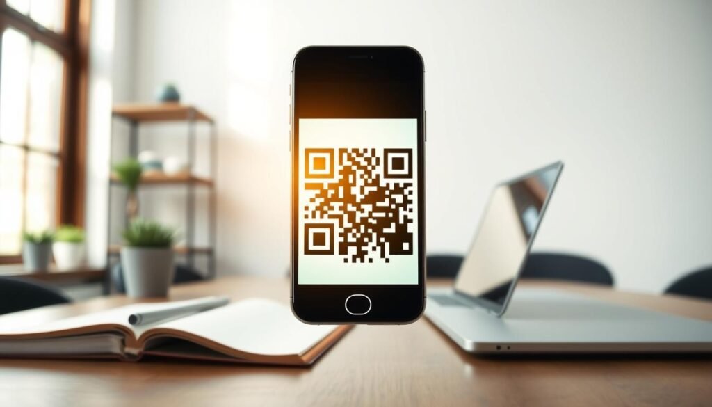 A close-up view of a visually striking QR code centered in the foreground, overlaying a clean, modern workspace background. Include subtle elements like a smartphone scanning the QR code to illustrate interactivity and usage. The middle layer should feature a shallow depth of field, allowing the QR code to be sharp and in focus, while the workspace elements like a notepad and laptop in the background remain slightly blurred. Soft natural lighting streaming from a nearby window creates an inviting atmosphere, emphasizing professionalism. Use a 50mm lens angle to capture the details, focusing on the textures of the workspace while maintaining a clean aesthetic. The overall mood is innovative and accessible, symbolizing the simplicity and efficiency of using free QR code generators. A close-up view of a visually striking QR code centered in the foreground, overlaying a clean, modern workspace background. Include subtle elements like a smartphone scanning the QR code to illustrate interactivity and usage. The middle layer should feature a shallow depth of field, allowing the QR code to be sharp and in focus, while the workspace elements like a notepad and laptop in the background remain slightly blurred. Soft natural lighting streaming from a nearby window creates an inviting atmosphere, emphasizing professionalism. Use a 50mm lens angle to capture the details, focusing on the textures of the workspace while maintaining a clean aesthetic. The overall mood is innovative and accessible, symbolizing the simplicity and efficiency of using free QR code generators.