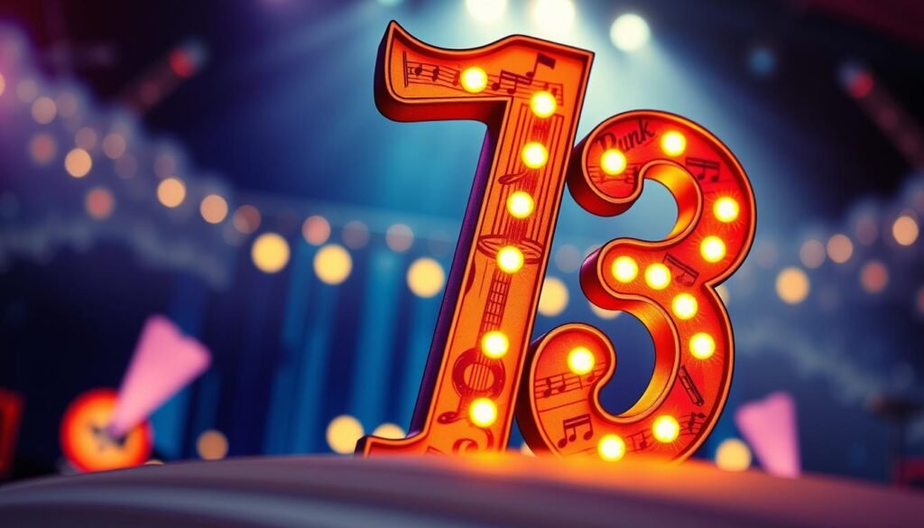 A close-up view of the number 13, prominently featured in a creative design that reflects Taylor Swift's artistic style. The number is artistically intertwined with elements that represent her music career, such as sheet music notes, guitar silhouettes, and glittering stars, all in vibrant hues of red and gold. In the foreground, the number 13 is illuminated with a warm glow, casting a soft light that creates an inviting atmosphere. The middle layer includes hints of a stage backdrop, subtly blurred, with twinkling fairy lights adding a touch of magic. The background features a dreamy night sky filled with soft clouds, hinting at a concert setting. The mood is celebratory and whimsical, encapsulating Taylor Swift's journey and connection to her lucky number. A close-up view of the number 13, prominently featured in a creative design that reflects Taylor Swift's artistic style. The number is artistically intertwined with elements that represent her music career, such as sheet music notes, guitar silhouettes, and glittering stars, all in vibrant hues of red and gold. In the foreground, the number 13 is illuminated with a warm glow, casting a soft light that creates an inviting atmosphere. The middle layer includes hints of a stage backdrop, subtly blurred, with twinkling fairy lights adding a touch of magic. The background features a dreamy night sky filled with soft clouds, hinting at a concert setting. The mood is celebratory and whimsical, encapsulating Taylor Swift's journey and connection to her lucky number.