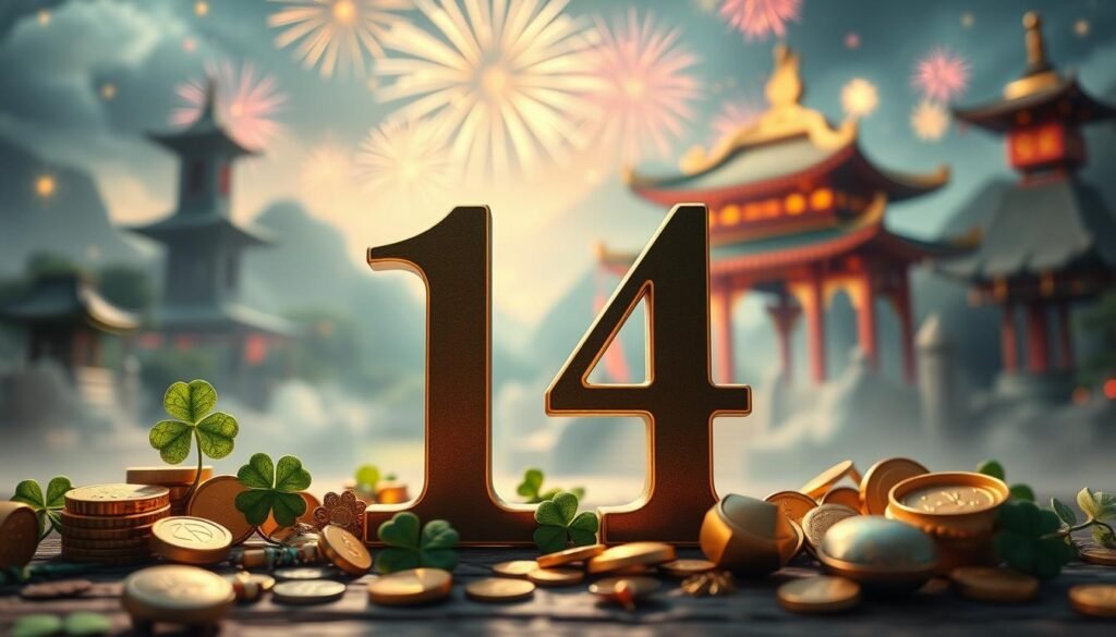 A close-up view of the number 14 elegantly displayed in the foreground, surrounded by symbols of luck and fortune from various cultures, such as four-leaf clovers, gold coins, and lucky charms. In the middle ground, a mystical atmosphere is created with soft, ethereal lighting casting shadows, highlighting the meaning of luck and mystery surrounding the number. The background features a dreamy landscape, blending elements like a serene temple and vibrant fireworks, symbolizing celebration and cultural significance. The overall mood is enchanting and reflective, suggesting a sense of wonder and discovery. Use a shallow depth of field to create a soft bokeh effect, enhancing the focus on the number 14 and its symbolic companions. A close-up view of the number 14 elegantly displayed in the foreground, surrounded by symbols of luck and fortune from various cultures, such as four-leaf clovers, gold coins, and lucky charms. In the middle ground, a mystical atmosphere is created with soft, ethereal lighting casting shadows, highlighting the meaning of luck and mystery surrounding the number. The background features a dreamy landscape, blending elements like a serene temple and vibrant fireworks, symbolizing celebration and cultural significance. The overall mood is enchanting and reflective, suggesting a sense of wonder and discovery. Use a shallow depth of field to create a soft bokeh effect, enhancing the focus on the number 14 and its symbolic companions.