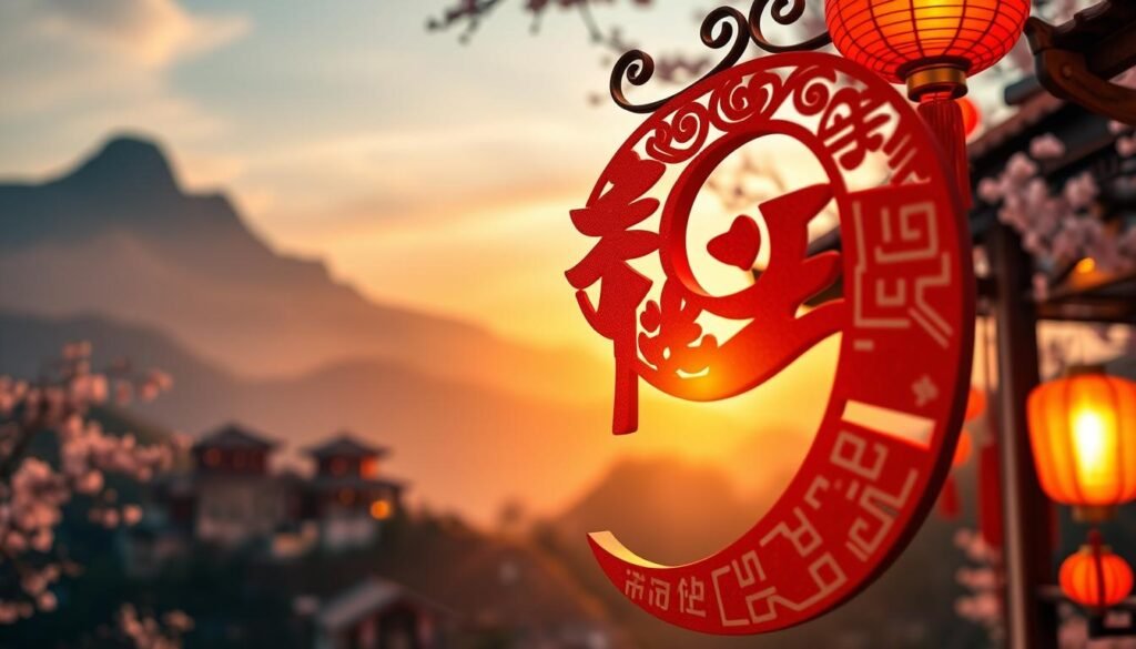 A close-up view of the number 9, artistically designed with vibrant colors and traditional Chinese symbols, set against a serene backdrop of a Chinese landscape featuring mountains and cherry blossom trees. In the foreground, intricate Chinese calligraphy elegantly intertwines with the number 9, symbolizing prosperity and luck. The middle ground includes traditional red lanterns softly glowing in the evening light, emphasizing festivity and fortune. The background showcases a tranquil sunset, casting warm golden hues over the scene. The atmosphere is peaceful and reflective, inviting contemplation about cultural significance and the meaning of luck. Use soft lighting to highlight details and create a mystical ambiance, with a focus on depth using a shallow depth of field to blur the distant scenery elegantly. A close-up view of the number 9, artistically designed with vibrant colors and traditional Chinese symbols, set against a serene backdrop of a Chinese landscape featuring mountains and cherry blossom trees. In the foreground, intricate Chinese calligraphy elegantly intertwines with the number 9, symbolizing prosperity and luck. The middle ground includes traditional red lanterns softly glowing in the evening light, emphasizing festivity and fortune. The background showcases a tranquil sunset, casting warm golden hues over the scene. The atmosphere is peaceful and reflective, inviting contemplation about cultural significance and the meaning of luck. Use soft lighting to highlight details and create a mystical ambiance, with a focus on depth using a shallow depth of field to blur the distant scenery elegantly.