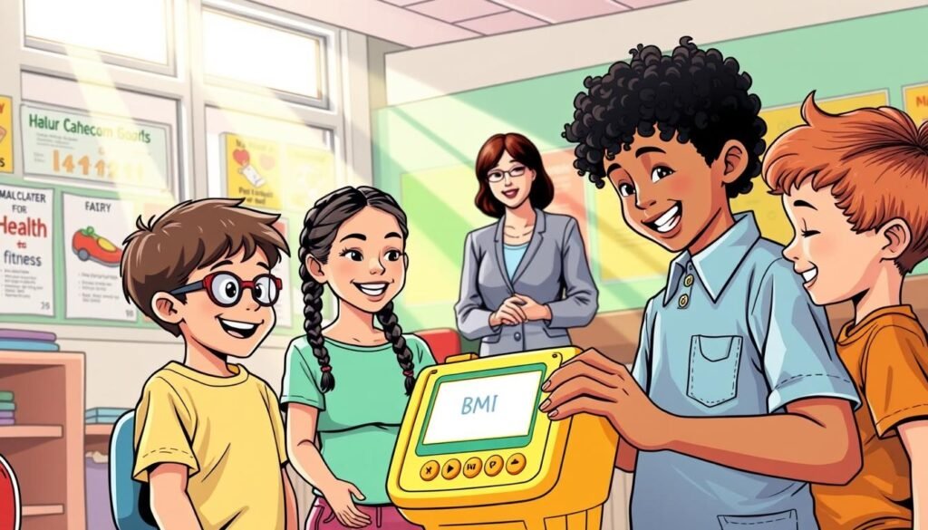 A colorful and engaging scene of children using a BMI calculator in a school environment. In the foreground, a diverse group of three kids (a boy with glasses, a girl with braids, and a boy with curly hair) is gathered around a bright, interactive BMI calculator device, smiling and comparing their results. The middle ground features a cheerful classroom setting, with educational posters about health and fitness on the walls, and a friendly teacher guiding them, dressed in a modest, professional outfit. In the background, sunlight beams in through large windows, creating a warm, inviting atmosphere. The lighting is soft and playful, emphasizing the joy of learning. The overall mood is vibrant and positive, promoting healthy habits in a fun way.