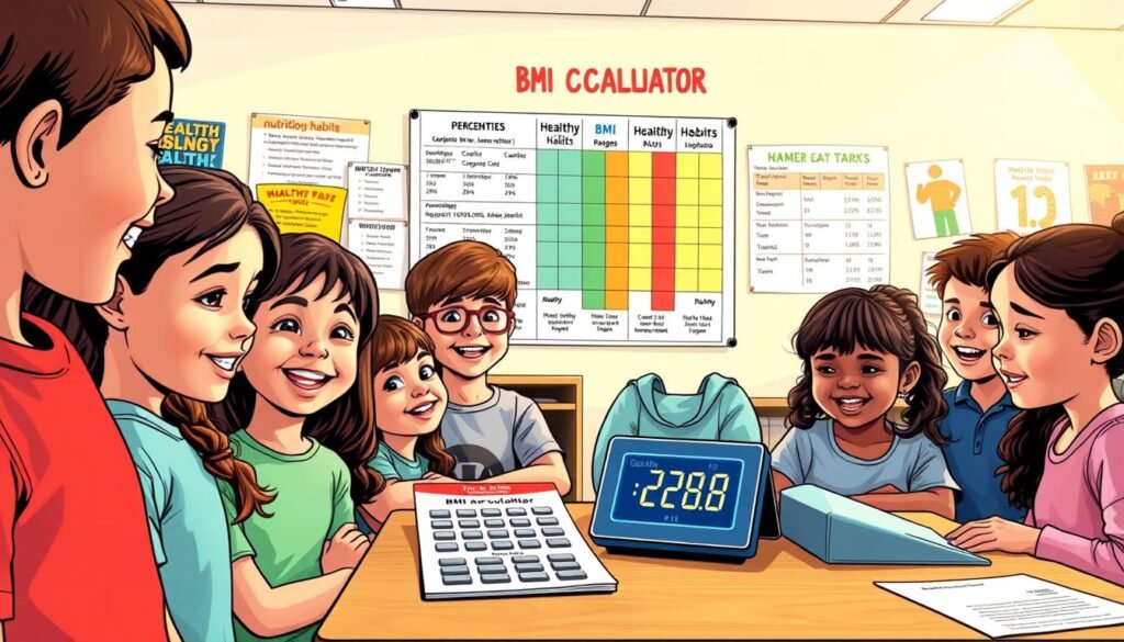 A colorful and engaging scene showcasing children happily using a BMI calculator, set in a bright classroom. In the foreground, a diverse group of kids, aged 8-12, attentively gather around a table with a digital BMI calculator and charts displaying percentiles and categories, all dressed in modest casual clothing. The middle ground features a large poster on the wall illustrating healthy BMI ranges and healthy habits. The background consists of educational materials like books and posters about nutrition and fitness. The lighting is warm and inviting, emphasizing a positive learning atmosphere. The image captures the excitement of learning about health in a fun and informative manner, conveying a sense of teamwork and support among the children.