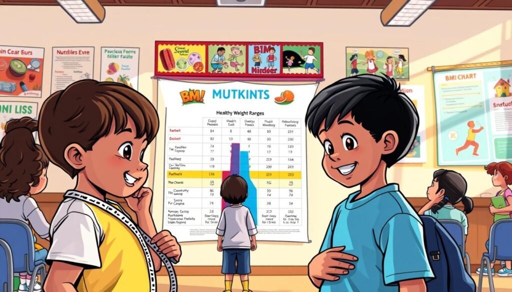 A colorful and informative scene depicting a diverse group of children engaging in a fun, educational activity related to BMI. In the foreground, two children of different ethnicities, one holding a measuring tape and the other looking curiously at a chart. The middle ground features a large, visually appealing infographic displaying BMI charts and healthy weight ranges, bright and easy to read. In the background, a classroom setting with posters about nutrition and health on the walls, alongside inspiring images of various sports and physical activities. Soft, natural lighting illuminates the room, creating a warm and welcoming atmosphere. The angle captures a slightly elevated perspective, conveying a sense of community and engagement, promoting understanding and awareness around the concept of BMI for children.