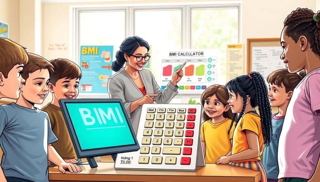 A colorful, engaging scene of a friendly and informative setting for kids learning about BMI. In the foreground, a diverse group of children, boys and girls of various ethnicities, are gathered around a large, interactive BMI calculator displayed on a table. They're wearing casual, modest clothing, and are curiously examining the calculator while smiling and talking animatedly. In the middle background, a caring adult, possibly a teacher or health advisor, is assisting them, pointing at a chart that visually explains BMI in a kid-friendly manner. The background is a bright classroom decorated with educational posters related to health and nutrition. Soft, natural sunlight streams through large windows, creating a cheerful and inviting atmosphere, with a slight depth of field focus on the children and the calculator.