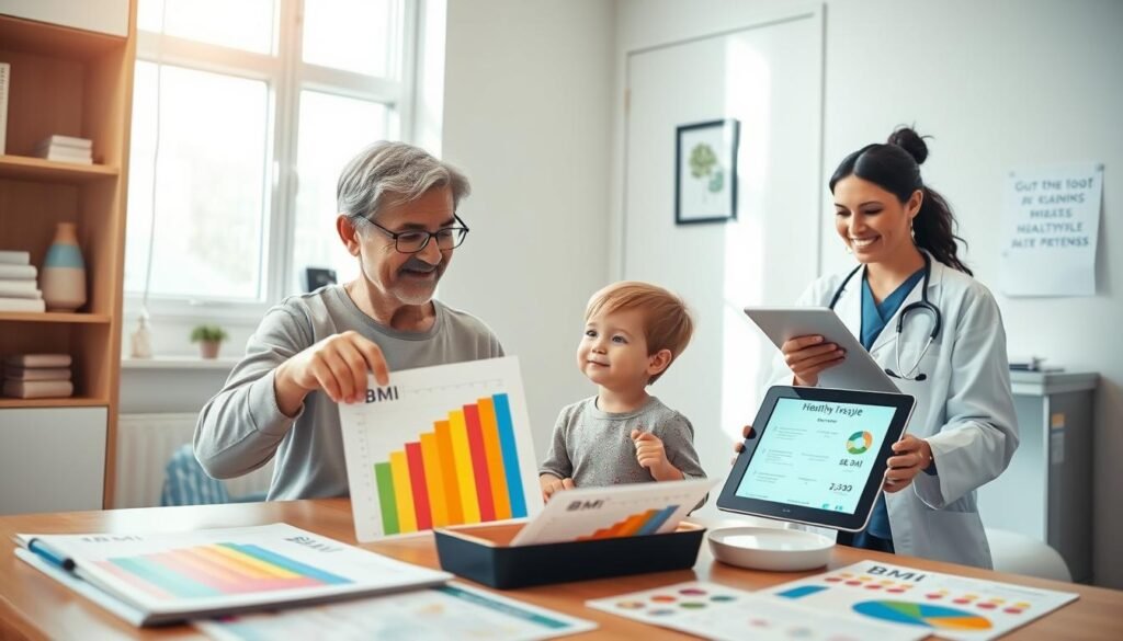 A comforting and informative scene in a well-lit doctor's office, featuring a parent and child sitting together at a table filled with colorful charts and BMI result printouts. The parent, a middle-aged individual in modest casual clothing, looks engaged and supportive as they point to a BMI chart. The child, around 10 years old, appears curious and attentive, wearing a cheerful outfit. In the background, a friendly healthcare professional stands by, smiling and holding a tablet displaying healthy lifestyle tips. Soft natural light streams through a window, creating an inviting atmosphere. The focus is on the parent-child discussion, emphasizing understanding and support in health matters, capturing a mood of confidence and reassurance. A comforting and informative scene in a well-lit doctor's office, featuring a parent and child sitting together at a table filled with colorful charts and BMI result printouts. The parent, a middle-aged individual in modest casual clothing, looks engaged and supportive as they point to a BMI chart. The child, around 10 years old, appears curious and attentive, wearing a cheerful outfit. In the background, a friendly healthcare professional stands by, smiling and holding a tablet displaying healthy lifestyle tips. Soft natural light streams through a window, creating an inviting atmosphere. The focus is on the parent-child discussion, emphasizing understanding and support in health matters, capturing a mood of confidence and reassurance.
