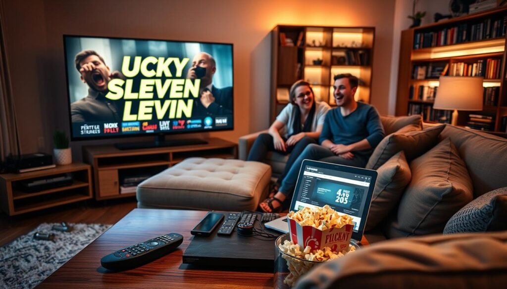 A cozy living room scene designed for streaming movies, featuring a sleek modern television displaying the title "Lucky Number Slevin." In the foreground, a stylish coffee table is adorned with remote controls, popcorn, and a laptop displaying popular streaming sites. The middle layer includes a comfy sofa with plush cushions, where two friends in casual attire are engaged in conversation, their expressions excited and animated, ready to enjoy the film. The background reveals a softly lit bookshelf filled with DVDs and books, with warm ambient lighting casting gentle shadows, creating an inviting atmosphere. The camera angle is slightly elevated, capturing the room's coziness and the friends' enthusiastic expressions, evoking a sense of anticipation for the movie night ahead. The overall mood is friendly and relaxed, encouraging viewers to explore their streaming options. A cozy living room scene designed for streaming movies, featuring a sleek modern television displaying the title "Lucky Number Slevin." In the foreground, a stylish coffee table is adorned with remote controls, popcorn, and a laptop displaying popular streaming sites. The middle layer includes a comfy sofa with plush cushions, where two friends in casual attire are engaged in conversation, their expressions excited and animated, ready to enjoy the film. The background reveals a softly lit bookshelf filled with DVDs and books, with warm ambient lighting casting gentle shadows, creating an inviting atmosphere. The camera angle is slightly elevated, capturing the room's coziness and the friends' enthusiastic expressions, evoking a sense of anticipation for the movie night ahead. The overall mood is friendly and relaxed, encouraging viewers to explore their streaming options.