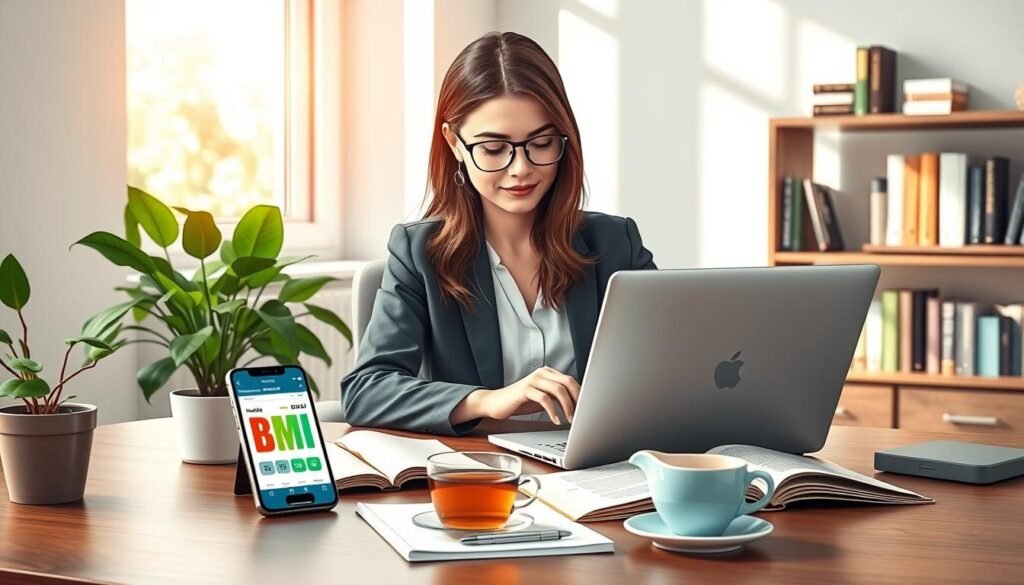 A cozy, modern office environment featuring a professional woman sitting at a sleek desk, diligently calculating her Body Mass Index (BMI) on a laptop. In the foreground, a smartphone displays a BMI calculator app, and a notebook with health tips is open beside her. The middle layer showcases a relaxing indoor plant and a cup of herbal tea, adding warmth to the scene. The background includes a soft-focus bookshelf filled with health and wellness books. Natural daylight streams in through a window, casting gentle shadows and creating an inviting atmosphere. The woman wears smart, modest office attire, conveying focus and dedication to her health. The overall mood is encouraging and motivational, ideal for illustrating a health-focused article. A cozy, modern office environment featuring a professional woman sitting at a sleek desk, diligently calculating her Body Mass Index (BMI) on a laptop. In the foreground, a smartphone displays a BMI calculator app, and a notebook with health tips is open beside her. The middle layer showcases a relaxing indoor plant and a cup of herbal tea, adding warmth to the scene. The background includes a soft-focus bookshelf filled with health and wellness books. Natural daylight streams in through a window, casting gentle shadows and creating an inviting atmosphere. The woman wears smart, modest office attire, conveying focus and dedication to her health. The overall mood is encouraging and motivational, ideal for illustrating a health-focused article.