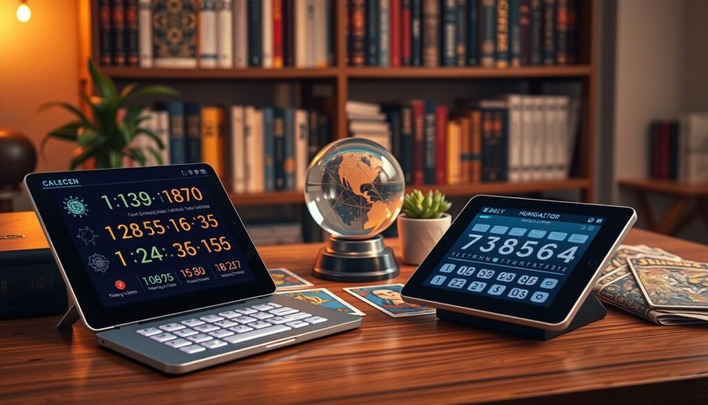 A cozy workspace scene featuring a daily lucky number calculator, depicted as a stylish, modern tool. In the foreground, the calculator is an elegant device with a sleek touch screen displaying colorful numbers and symbols, set on a wooden desk adorned with astrological motifs. In the middle ground, a crystal ball is positioned alongside vibrant tarot cards, and a small potted plant adds a touch of greenery. The background features soft, warm lighting that creates a welcoming atmosphere, with shelves filled with books about numerology and fortune-telling. The overall mood is uplifting and mystical, inviting curiosity about one's daily lucky number. The composition is captured from a slightly elevated angle, drawing the viewer’s eye to the calculator as the focal point. A cozy workspace scene featuring a daily lucky number calculator, depicted as a stylish, modern tool. In the foreground, the calculator is an elegant device with a sleek touch screen displaying colorful numbers and symbols, set on a wooden desk adorned with astrological motifs. In the middle ground, a crystal ball is positioned alongside vibrant tarot cards, and a small potted plant adds a touch of greenery. The background features soft, warm lighting that creates a welcoming atmosphere, with shelves filled with books about numerology and fortune-telling. The overall mood is uplifting and mystical, inviting curiosity about one's daily lucky number. The composition is captured from a slightly elevated angle, drawing the viewer’s eye to the calculator as the focal point.