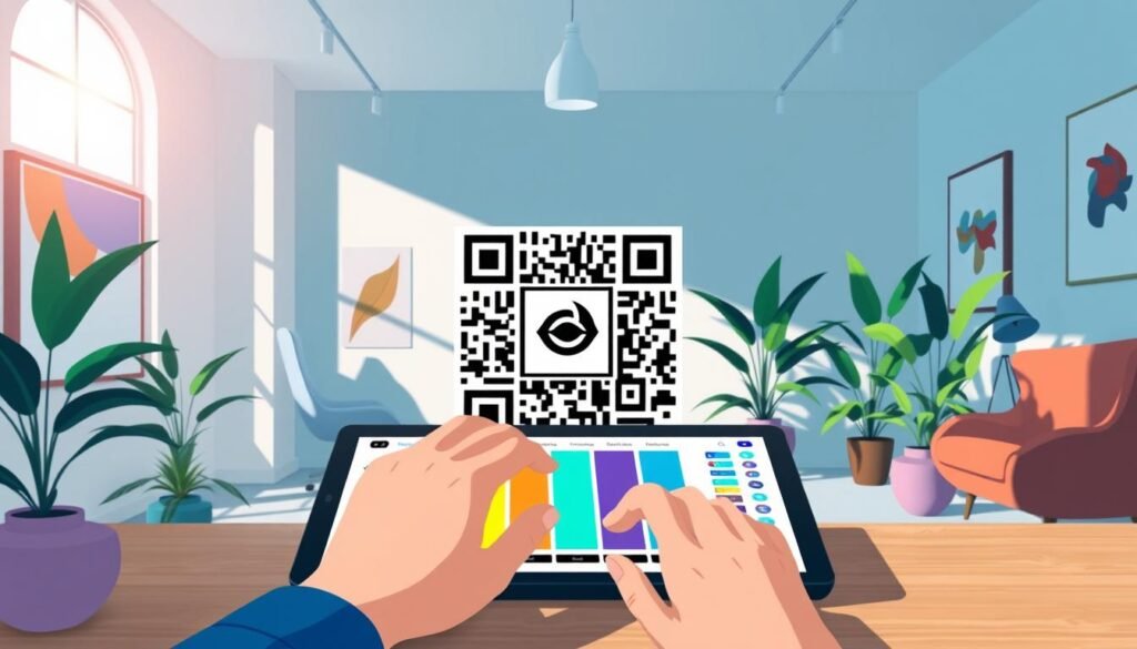 A creative workspace featuring a vibrant and customizable QR code at the center, surrounded by color palettes in shades of blue, green, and red. The QR code prominently displays a logo in the middle, illustrating brand identity. In the foreground, a designer's hand is seen adjusting colors on a digital tablet, showcasing a modern and sleek design process. The middle background includes an airy office with abstract art on the walls and natural light streaming through a window. Soft shadows cast by plants create a warm atmosphere, inviting creativity and innovation. The overall mood is inspiring and professional, ideal for illustrating a guide on customizable QR codes.