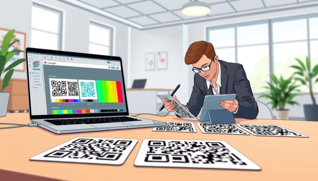 A creatively designed workspace showcasing a customizable QR code design concept. In the foreground, a sleek laptop displays an open software interface with vibrant color options and unique pattern designs. A designer, dressed in smart casual attire, is focused on their work, using a stylus on a digital tablet. In the middle ground, various QR code samples are neatly arranged with different patterns and colors, representing creativity and individuality. The background features a bright and airy office space with soft natural light filtering through large windows, adding an inspiring atmosphere. The overall mood is one of innovation and personalization, inviting the viewer to explore the possibilities of customizing QR codes. A creatively designed workspace showcasing a customizable QR code design concept. In the foreground, a sleek laptop displays an open software interface with vibrant color options and unique pattern designs. A designer, dressed in smart casual attire, is focused on their work, using a stylus on a digital tablet. In the middle ground, various QR code samples are neatly arranged with different patterns and colors, representing creativity and individuality. The background features a bright and airy office space with soft natural light filtering through large windows, adding an inspiring atmosphere. The overall mood is one of innovation and personalization, inviting the viewer to explore the possibilities of customizing QR codes.