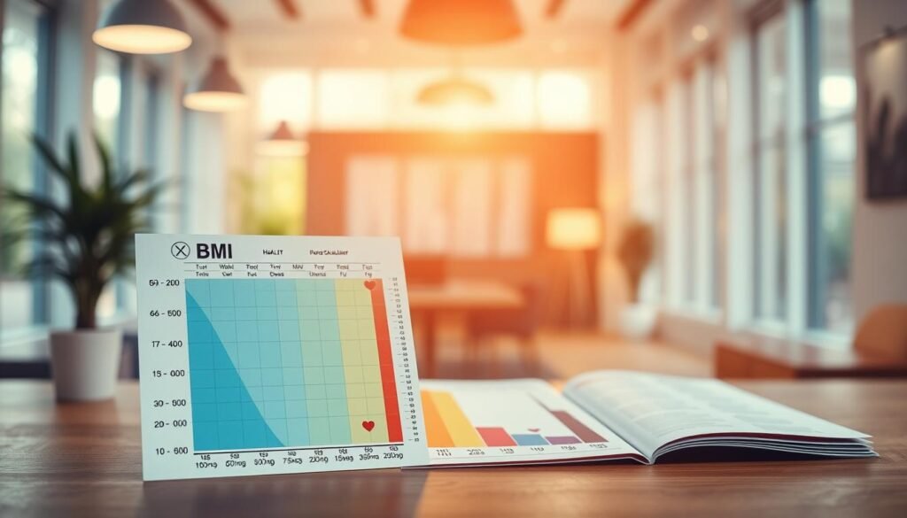 A detailed BMI chart calculator displayed prominently in the foreground, featuring colorful segments representing various BMI ranges from underweight to obese. In the middle ground, an elegant and modern design of the chart with icons symbolizing health, like a heart and scale, adds depth. A softly blurred background showcases an inviting, warm-toned office setting, filled with natural light filtering through large windows, creating a professional atmosphere. The lens captures the scene from a slightly elevated angle for a comprehensive view of the calculator. The overall mood is informative and encouraging, emphasizing health awareness and accessibility to personal well-being through understanding BMI. The focus is clear and engaging, aiming to invite viewers to learn more without the distraction of text or graphic overlays.