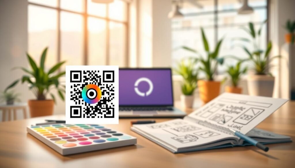 A detailed and colorful QR code design prominently displayed in the foreground, featuring a unique logo at its center and vibrant gradient colors blending into the code pattern. In the middle ground, a professional workspace with design tools like color palettes, a laptop displaying a QR code generator interface, and a sketchbook with doodles around the QR code layout. The background reveals a bright, airy office with large windows letting in natural light, and potted plants adding a touch of greenery. The lighting is soft and warm, creating an inviting atmosphere that inspires creativity and professionalism. The focus is crisp, using a slight bokeh effect on the background elements to emphasize the QR code design.