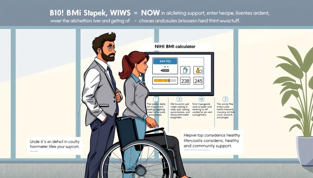A detailed and visually engaging step-by-step illustration of using the NIH BMI Calculator. In the foreground, a diverse group of three adults in professional business attire—one man, one woman, and one person using a wheelchair—are gathered around a digital screen displaying the BMI calculator interface. The middle ground features clear infographic-style steps outlining the BMI calculation process, with icons representing height and weight measurements. The background showcases a modern, well-lit office environment with calming colors, soft natural lighting coming through large windows. The mood is informative and encouraging, designed to inspire confidence in healthy lifestyle choices and community support.