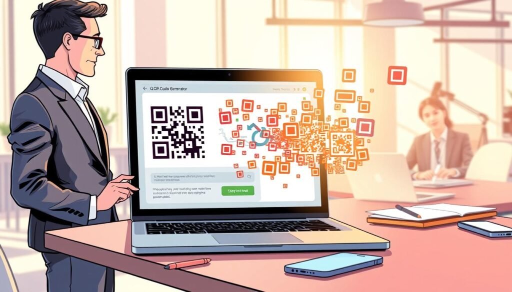 A detailed illustration depicting the QR Code generator process. In the foreground, a sleek laptop displays a user-friendly QR Code generator interface with vibrant, colorful QR codes emerging from the screen. To the left, a professional individual in smart casual attire interacts with the laptop, appearing engaged and curious. In the middle ground, an organized workspace with digital tools, a notebook, and a smartphone is visible, creating a tech-savvy atmosphere. The background features a bright, modern office with soft, natural lighting streaming through large windows, enhancing the ambiance. The overall mood is informative and inspiring, showcasing the simplicity and effectiveness of QR code generation while emphasizing a professional setting. A detailed illustration depicting the QR Code generator process. In the foreground, a sleek laptop displays a user-friendly QR Code generator interface with vibrant, colorful QR codes emerging from the screen. To the left, a professional individual in smart casual attire interacts with the laptop, appearing engaged and curious. In the middle ground, an organized workspace with digital tools, a notebook, and a smartphone is visible, creating a tech-savvy atmosphere. The background features a bright, modern office with soft, natural lighting streaming through large windows, enhancing the ambiance. The overall mood is informative and inspiring, showcasing the simplicity and effectiveness of QR code generation while emphasizing a professional setting.