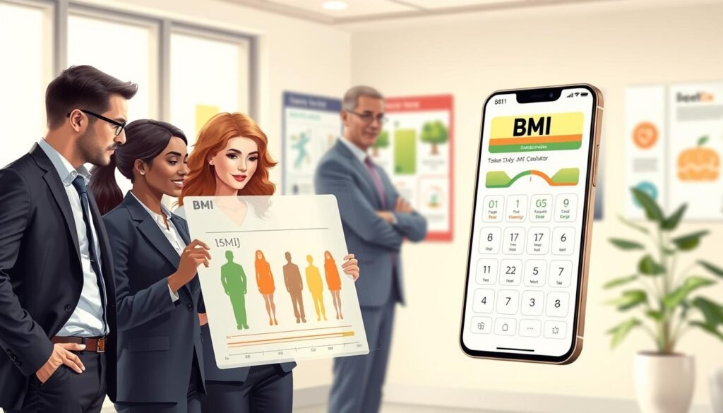 A detailed illustration of Body Mass Index (BMI) in a visually engaging format. In the foreground, a diverse group of three individuals, dressed in professional business attire, are analyzing a large, transparent infographic showcasing a BMI chart with various body shapes and numbers, emphasizing the calculation process. The middle ground features a vibrant, stylized representation of a BMI calculator app interface on a modern smartphone, with clear icons and a health-focused design. In the background, soft-focus elements of a serene medical office environment with health posters and a plant enhance an informative yet calming atmosphere. The lighting is bright and inviting, highlighting the subjects and creating a warm, educational mood, with a subtle depth of field effect to draw attention to the foreground elements. A detailed illustration of Body Mass Index (BMI) in a visually engaging format. In the foreground, a diverse group of three individuals, dressed in professional business attire, are analyzing a large, transparent infographic showcasing a BMI chart with various body shapes and numbers, emphasizing the calculation process. The middle ground features a vibrant, stylized representation of a BMI calculator app interface on a modern smartphone, with clear icons and a health-focused design. In the background, soft-focus elements of a serene medical office environment with health posters and a plant enhance an informative yet calming atmosphere. The lighting is bright and inviting, highlighting the subjects and creating a warm, educational mood, with a subtle depth of field effect to draw attention to the foreground elements.