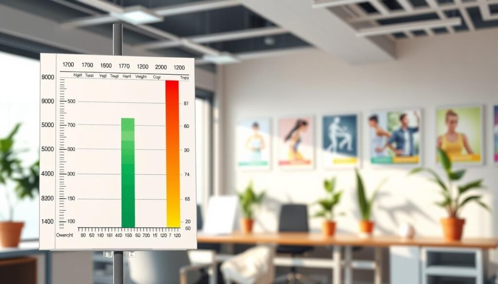 A detailed illustration of a BMI chart for adults, displayed prominently in the foreground with clearly defined weight categories (underweight, normal, overweight, obese) using vibrant colors for easy differentiation. The chart should feature a vertical axis for weight and a horizontal axis for height, making the numbers easy to read. In the middle ground, include a soft-focus view of an office environment with subtle hints of health and wellness, such as potted plants and fitness posters. The background should be softly lit with natural light coming from a window, creating a warm, welcoming atmosphere. Capture this scene from a slightly elevated angle to enhance clarity. The overall mood should be informative and professional, suitable for educational content, without any text or distractions.