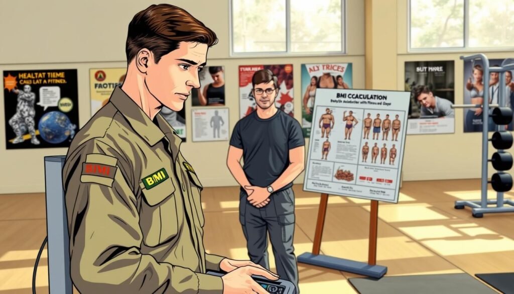 A detailed illustration of an Army Body Composition Assessment Tool set in a well-lit gymnasium. In the foreground, a professional service member in a neatly pressed Army uniform demonstrates the use of a digital scale, focusing on accuracy and technique. In the middle ground, a fitness coach stands beside a large poster displaying the BMI calculation process with diagrams of healthy body types. The background features motivational posters on health and fitness, along with gym equipment subtly blurred, enhancing the atmosphere of a military training environment. The lighting is bright and natural, evoking a sense of readiness and discipline, while the angle captures the interaction between the service member and the coach, emphasizing collaboration and commitment to physical fitness.