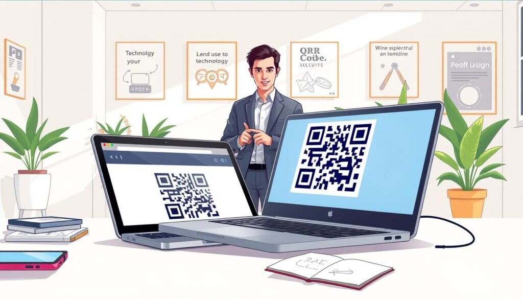 A detailed illustration of the "QR Code Generator Process," focusing on a clean, modern workspace. In the foreground, a sleek laptop displays a vibrant QR code design on its screen, surrounded by design tools like a smartphone and a notepad with sketches. In the middle ground, a professional individual in smart casual attire is engaged in the QR code creation, using a mouse and pointing at the screen. The background features a bright, airy office environment with potted plants and inspirational posters about technology. The lighting is soft and inviting, creating a focused yet dynamic atmosphere. The scene captures the essence of innovation and creativity in technology, emphasizing the step-by-step nature of the process without distractions or text overlays. A detailed illustration of the "QR Code Generator Process," focusing on a clean, modern workspace. In the foreground, a sleek laptop displays a vibrant QR code design on its screen, surrounded by design tools like a smartphone and a notepad with sketches. In the middle ground, a professional individual in smart casual attire is engaged in the QR code creation, using a mouse and pointing at the screen. The background features a bright, airy office environment with potted plants and inspirational posters about technology. The lighting is soft and inviting, creating a focused yet dynamic atmosphere. The scene captures the essence of innovation and creativity in technology, emphasizing the step-by-step nature of the process without distractions or text overlays.
