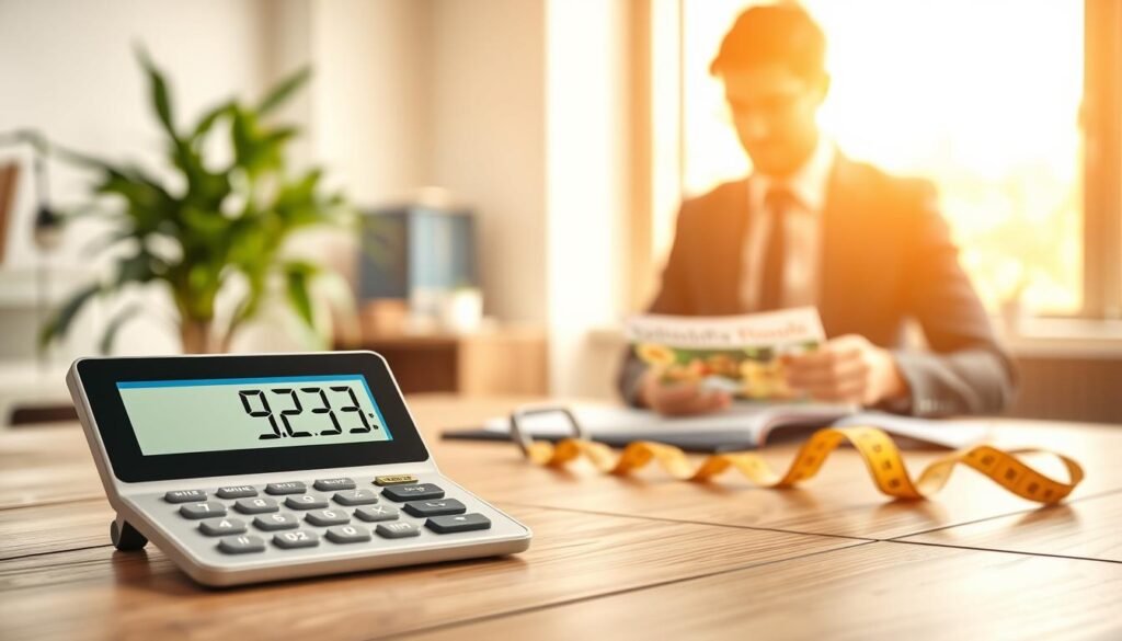 A detailed image of a BMI calculator tool set on a modern wooden desk. In the foreground, the calculator is sleek and digital, with a bright and clear display showing numbers. Nearby, a measuring tape and a healthy food guide in soft focus. In the middle ground, a professional person in smart casual attire is using the calculator, their expression focused and engaged. The background features a softly blurred office environment with a plant and light streaming in from a window, creating a warm, inviting atmosphere. The lighting is bright yet diffused, emphasizing clarity and approachability. The overall mood conveys simplicity and ease of use, perfect for illustrating health awareness.