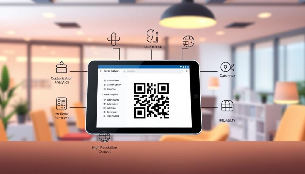 A detailed infographic showcasing the key features of a QR code generator. In the foreground, display a tablet or smartphone screen with a user-friendly QR code generator interface, featuring essential options like customization, analytics, and high-resolution output. In the middle ground, include icons symbolizing important aspects like ease of use, multiple formats, and reliability, arranged harmoniously around the screen. The background should be a soft, modern office setting with warm, ambient lighting, creating a professional and inviting atmosphere. The focus should be sharp, highlighting the generator screen, while the background fades slightly to maintain attention on the foreground. The overall mood should convey innovation and practicality, appealing to users looking for efficiency in QR code creation. A detailed infographic showcasing the key features of a QR code generator. In the foreground, display a tablet or smartphone screen with a user-friendly QR code generator interface, featuring essential options like customization, analytics, and high-resolution output. In the middle ground, include icons symbolizing important aspects like ease of use, multiple formats, and reliability, arranged harmoniously around the screen. The background should be a soft, modern office setting with warm, ambient lighting, creating a professional and inviting atmosphere. The focus should be sharp, highlighting the generator screen, while the background fades slightly to maintain attention on the foreground. The overall mood should convey innovation and practicality, appealing to users looking for efficiency in QR code creation.