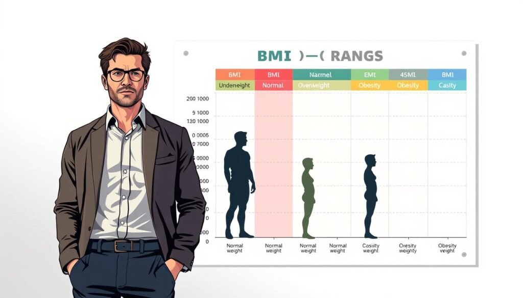 A detailed visual representation of BMI ranges depicted through an educational infographic. In the foreground, a professional male figure in smart casual clothing stands beside a large, clear chart showcasing various BMI categories: Underweight, Normal weight, Overweight, and Obesity, illustrated with easily recognizable colors and symbols. In the middle, include stylized graphics of the human silhouette in a side view, illustrating how body composition might differ across the BMI categories ranked from low to high. In the background, a soft, neutral light casts a calm and informative atmosphere, with subtle gradients to create depth. The overall mood is educational and inviting, encouraging viewers to understand their own body mass index in a positive and constructive way.