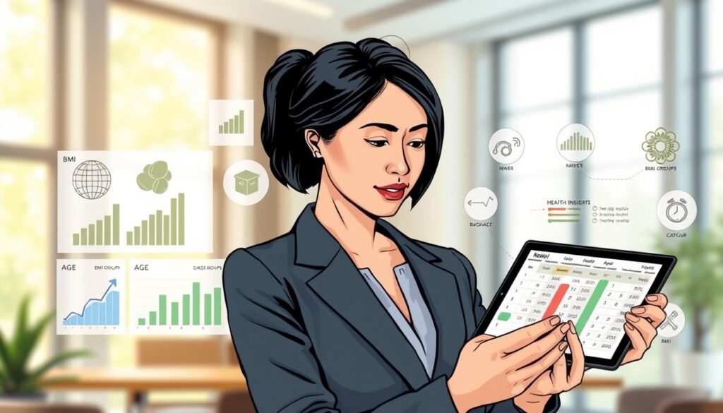 A digital illustration that visually represents the benefits of using a BMI calculator with age. In the foreground, a professional woman in modest business attire is thoughtfully looking at a BMI chart on a tablet. She is an Asian woman in her 30s, with a confident expression. The middle ground features an array of graphs and icons symbolizing health insights, age groups, and BMI categories, arranged neatly around her. In the background, a soft-focus, modern office setting with natural light filtering through large windows creates a warm and inviting atmosphere. Use a balanced composition and an elegant color palette with greens and blues, suggesting health and vitality. An overall mood of empowerment and wellness is conveyed through the imagery.