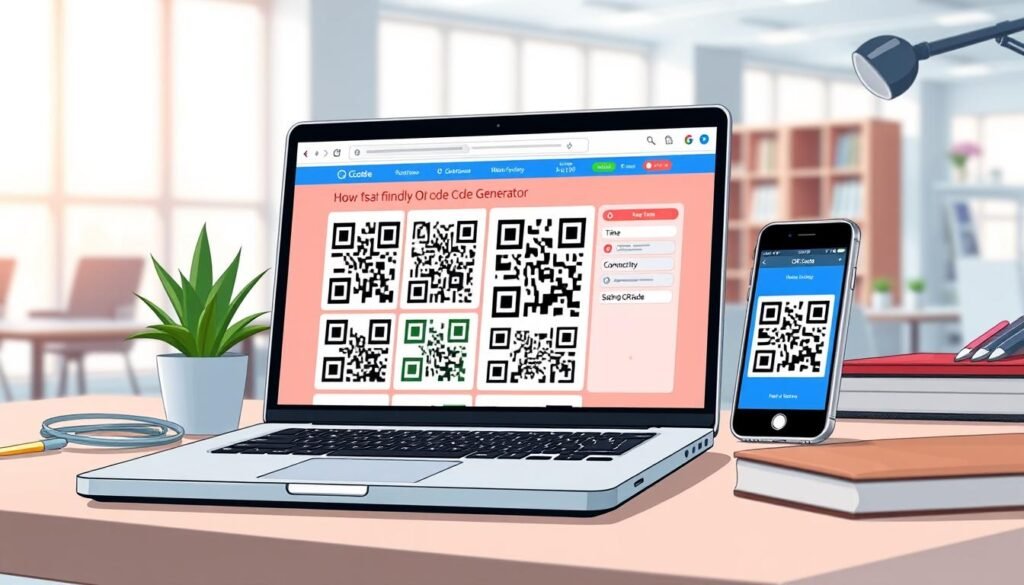 A digital workspace scene illustrating the process of creating QR codes quickly with an online QR code generator. In the foreground, a sleek laptop displays a vibrant, user-friendly QR code generation website, with colorful QR codes in various designs. On the side, an organized desk features a smartphone with a QR code scanning app open, emphasizing fast connectivity. The middle ground includes a decorative potted plant and stationery, creating a relaxed yet professional atmosphere. The background is softly blurred, showcasing a modern office environment with subtle natural light coming through large windows, casting gentle shadows. The overall mood is focused and innovative, conveying efficiency in digital technology. A digital workspace scene illustrating the process of creating QR codes quickly with an online QR code generator. In the foreground, a sleek laptop displays a vibrant, user-friendly QR code generation website, with colorful QR codes in various designs. On the side, an organized desk features a smartphone with a QR code scanning app open, emphasizing fast connectivity. The middle ground includes a decorative potted plant and stationery, creating a relaxed yet professional atmosphere. The background is softly blurred, showcasing a modern office environment with subtle natural light coming through large windows, casting gentle shadows. The overall mood is focused and innovative, conveying efficiency in digital technology.