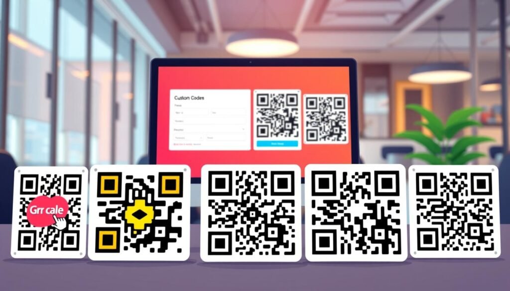 A digital workspace showcasing various custom QR code designs. In the foreground, display multiple vibrant and uniquely styled QR codes: some with corporate logos integrated, others featuring colorful patterns and artistic elements. In the middle ground, a sleek computer monitor is visible, displaying a user-friendly QR code generator interface, with bright colors and an intuitive layout. The background features a softly blurred office ambiance, with modern furniture and warm, inviting lighting that suggests productivity and creativity. The overall mood is professional yet imaginative, inspiring users to customize their QR codes in fun and innovative ways. Focus on clear details, bright contrasts, and a sense of dynamic design possibility.