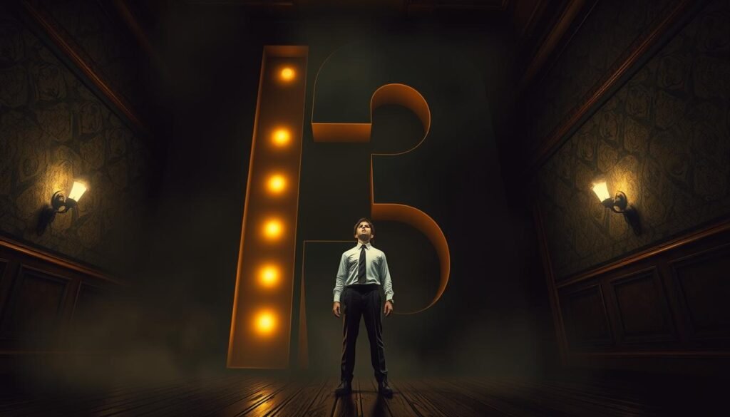 A dimly lit room that evokes a sense of foreboding, with a giant number 13 looming ominously in the foreground, shrouded in dark shadows and an eerie glow. In the middle ground, a terrified figure dressed in professional attire stands frozen, looking up at the number with wide eyes filled with fear. The background features peeling wallpaper and flickering lights, enhancing the unsettling atmosphere. Soft, diffused light creates deep contrasts, highlighting the figure's expression and the looming number. A low-angle perspective emphasizes the overwhelming nature of the 13, adding to the sense of dread. The overall mood is tense and anxious, reflecting a deep-seated fear, inviting viewers to ponder the nature of superstitions surrounding the number 13. A dimly lit room that evokes a sense of foreboding, with a giant number 13 looming ominously in the foreground, shrouded in dark shadows and an eerie glow. In the middle ground, a terrified figure dressed in professional attire stands frozen, looking up at the number with wide eyes filled with fear. The background features peeling wallpaper and flickering lights, enhancing the unsettling atmosphere. Soft, diffused light creates deep contrasts, highlighting the figure's expression and the looming number. A low-angle perspective emphasizes the overwhelming nature of the 13, adding to the sense of dread. The overall mood is tense and anxious, reflecting a deep-seated fear, inviting viewers to ponder the nature of superstitions surrounding the number 13.