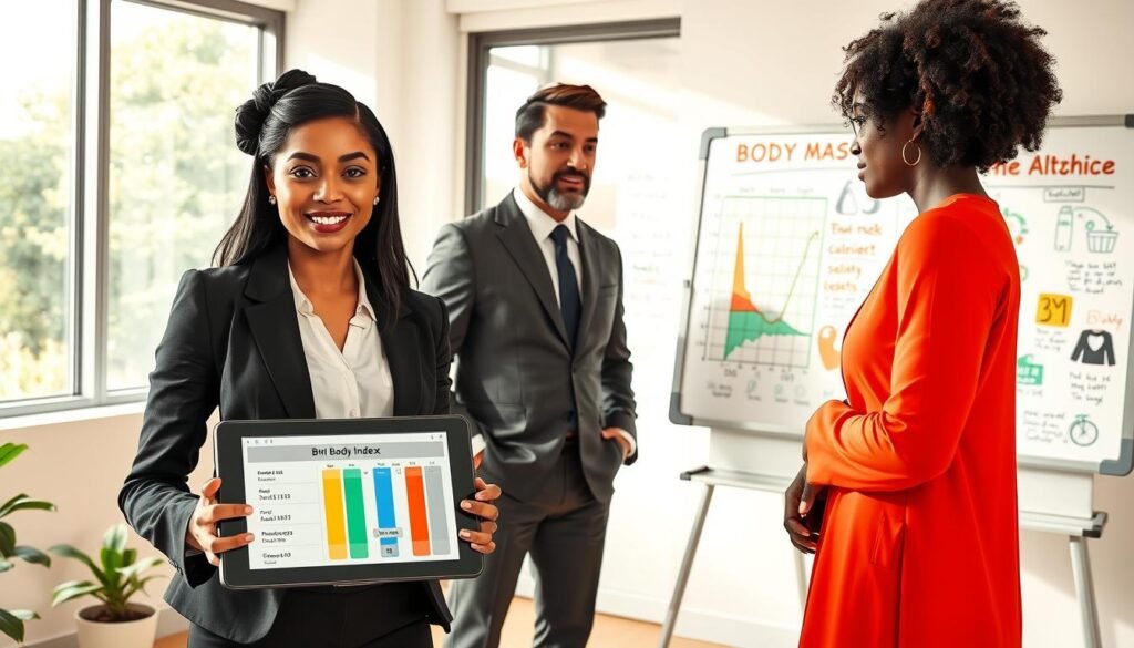 A diverse group of three individuals standing in a bright, modern office environment, engaged in discussing Body Mass Index (BMI). The foreground features a confident woman in professional attire, holding a tablet displaying a BMI calculator interface, while a thoughtful man in a business suit points towards a wall chart depicting BMI categories. The middle ground shows a whiteboard filled with colorful illustrations related to health and fitness concepts. In the background, large windows allow natural light to pour in, creating a warm and inviting atmosphere. The overall mood is one of collaboration and education, emphasizing the importance of tracking health through BMI. The image is captured from a slightly elevated angle, showcasing an inviting and professional setting.