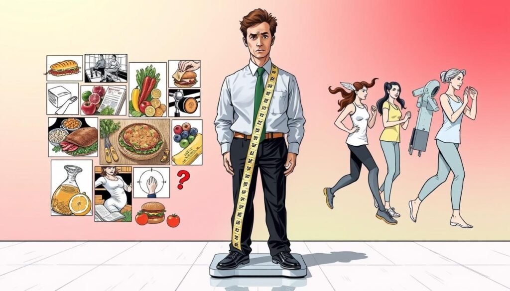 A divided scene illustrating the health risks associated with Body Mass Index. In the foreground, a person in professional attire stands on a scale, looking concerned, with a measuring tape draped around their waist, visually representing individual health. The middle ground showcases two contrasting elements: on one side, images of unhealthy foods and lifestyle choices like fast food and sedentary activities; on the other, fruits, vegetables, and people engaging in fitness activities like jogging and yoga. The background features a soft gradient of colors transitioning from light red to light green, symbolizing the spectrum of health risks. The lighting is bright but soft, creating an informative yet serious atmosphere, captured from an eye-level perspective to evoke empathy and relevance to viewers.
