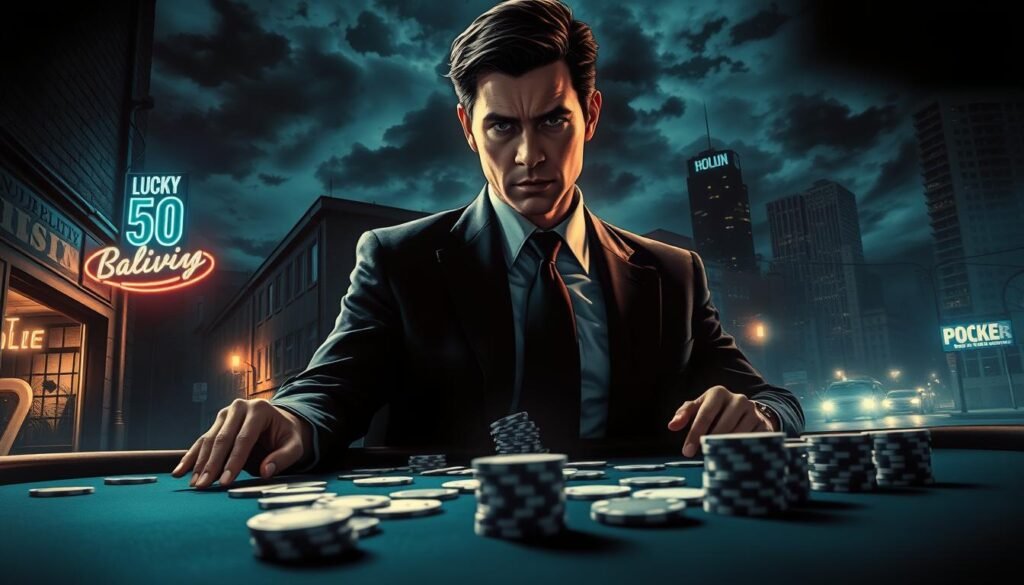 A dramatic movie poster inspired by "Lucky Number Slevin," featuring a central figure dressed in professional business attire, exuding confidence and intrigue. The foreground showcases a close-up of a poker table, with cards and chips scattered dramatically, emphasizing themes of chance and deception. In the middle ground, a shadowy alley adds to the suspense, illuminated by the glow of neon lights reflecting off wet pavement. The background features a city skyline at night, with dark, ominous clouds, enhancing the film's mysterious atmosphere. Incorporate a moody color palette of deep blues and blacks, with strong, contrasting highlights to create tension. Capture a cinematic lens angle that draws the viewer into the world of intrigue and suspense. A dramatic movie poster inspired by "Lucky Number Slevin," featuring a central figure dressed in professional business attire, exuding confidence and intrigue. The foreground showcases a close-up of a poker table, with cards and chips scattered dramatically, emphasizing themes of chance and deception. In the middle ground, a shadowy alley adds to the suspense, illuminated by the glow of neon lights reflecting off wet pavement. The background features a city skyline at night, with dark, ominous clouds, enhancing the film's mysterious atmosphere. Incorporate a moody color palette of deep blues and blacks, with strong, contrasting highlights to create tension. Capture a cinematic lens angle that draws the viewer into the world of intrigue and suspense.