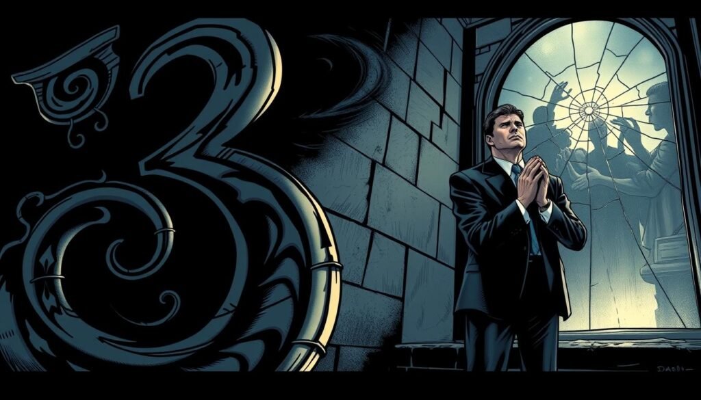 A dramatic split image showcasing the contrasting perceptions of the number 13. In the foreground, a large, ornate number "13" spirals, embellished with eerie shadowy designs and subtle hints of broken mirrors, symbolizing bad luck. In the middle ground, a worried figure in professional attire, clasping their hands in apprehension, gazes at the number. In contrast to this, the background features a shadowy, dimly lit alley and a cracked mirror reflecting a chaotic scene, evoking superstition. Soft, eerie lighting highlights the contrasts between dread and fascination with the number. The mood is tense and thought-provoking, inviting viewers to ponder the cultural beliefs surrounding 13. The angle should focus on the number from slightly below, emphasizing its looming presence.