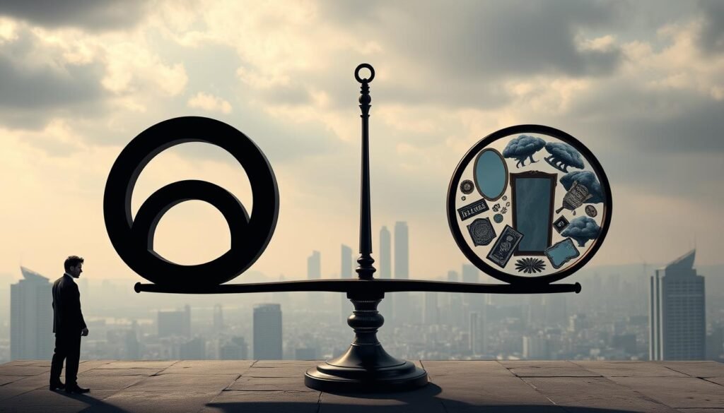 A dramatic visual exploration of the cultural meanings of the number 2, depicting contrasting interpretations of luck. In the foreground, two interlocking circles symbolize duality, with a shadowy figure in professional attire observing from the side, representing personal perspectives. The middle ground features a balance scale tipped unevenly, one side adorned with lucky charms, the other with ominous symbols like broken mirrors and storm clouds, suggesting divergent views. In the background, a hazy cityscape under cloudy skies conveys a sense of uncertainty and introspection. Soft, diffused lighting casts a contemplative atmosphere, emphasizing the weight of cultural symbolism. The scene captures a mood of intrigue and complexity, inviting viewers to reflect on the multifaceted nature of the number 2 without any text or overlays.