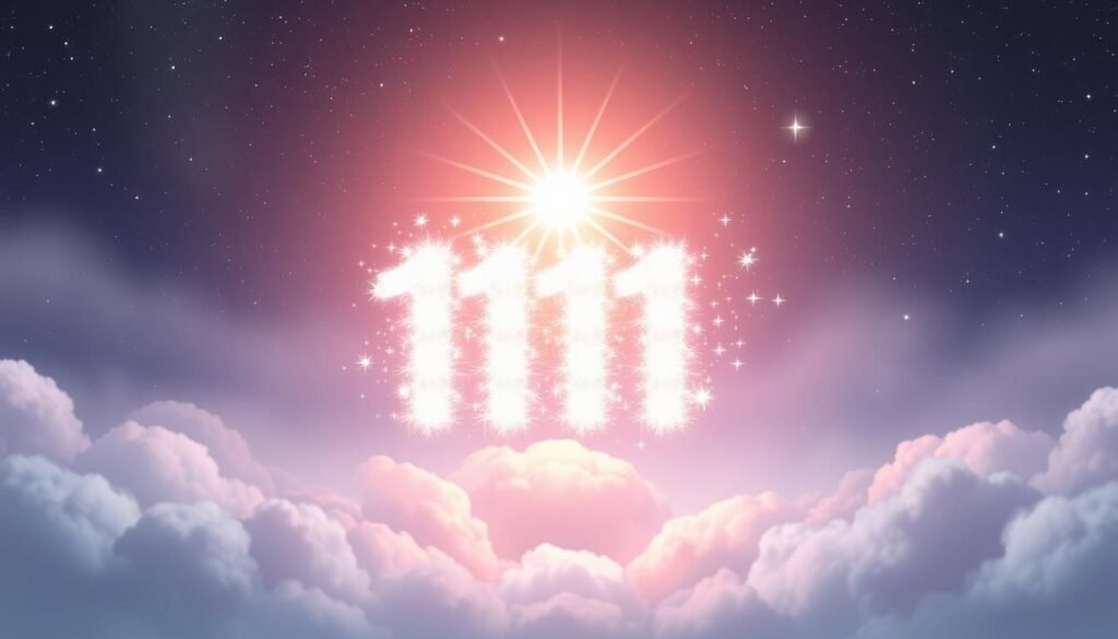 A dreamy, ethereal scene illustrating the concept of angel numbers, specifically focusing on the number "1111." In the foreground, a sparkling number "1111" glows brightly, surrounded by soft, shimmering lights that represent divine energy. In the middle ground, a subtle depiction of celestial clouds in pastel shades of pink and blue swirls around the number, creating a sense of tranquility and wonder. The background features a soft, starry night sky with twinkling stars, enhancing the mystical atmosphere. The lighting is soft and diffused, casting a warm glow across the scene. The overall mood is calm and uplifting, inviting reflection and contemplation on the meaning of the number "1111." A dreamy, ethereal scene illustrating the concept of angel numbers, specifically focusing on the number "1111." In the foreground, a sparkling number "1111" glows brightly, surrounded by soft, shimmering lights that represent divine energy. In the middle ground, a subtle depiction of celestial clouds in pastel shades of pink and blue swirls around the number, creating a sense of tranquility and wonder. The background features a soft, starry night sky with twinkling stars, enhancing the mystical atmosphere. The lighting is soft and diffused, casting a warm glow across the scene. The overall mood is calm and uplifting, inviting reflection and contemplation on the meaning of the number "1111."