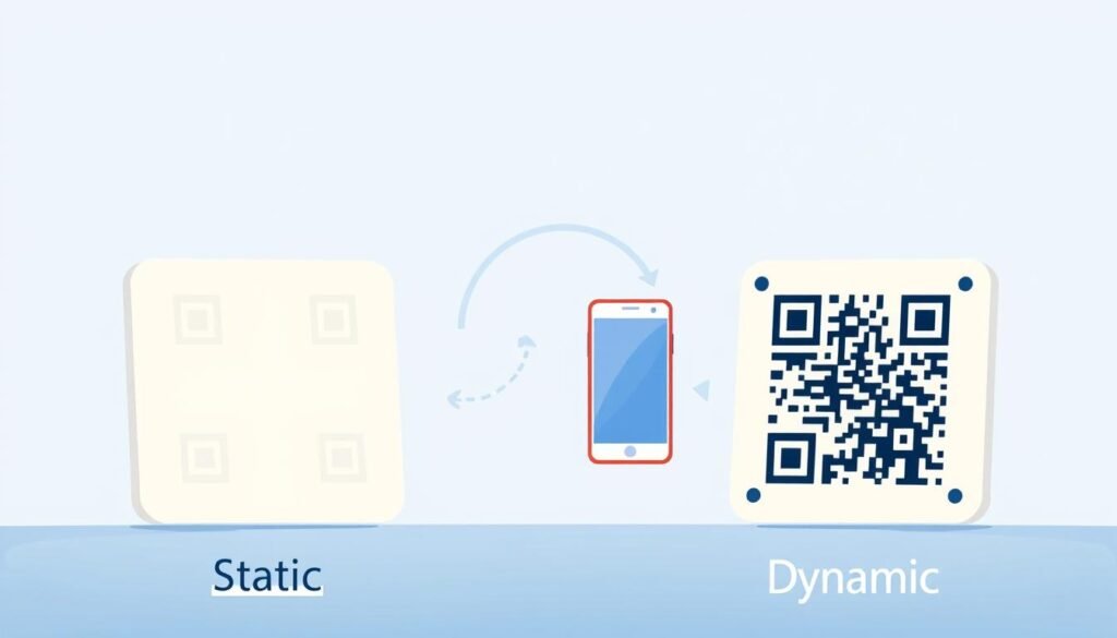 A dynamic and informative composition showcasing the differences between static and dynamic QR codes. In the foreground, place two large QR codes side by side; one labeled "Static" with a simple design and the other labeled "Dynamic," featuring a more intricate and vibrant design. The middle ground could include subtle visual elements representing data transfer, such as arrows or flowing lines, connecting to a smartphone scanning the dynamic QR code. The background should be a soft gradient of blue and white to evoke a sense of technology and clarity. Utilize soft, even lighting to highlight the QR codes and maintain a clean, professional atmosphere. Capture the image from a slightly elevated angle to give depth and perspective, creating a modern and engaging mood suitable for educational content. A dynamic and informative composition showcasing the differences between static and dynamic QR codes. In the foreground, place two large QR codes side by side; one labeled "Static" with a simple design and the other labeled "Dynamic," featuring a more intricate and vibrant design. The middle ground could include subtle visual elements representing data transfer, such as arrows or flowing lines, connecting to a smartphone scanning the dynamic QR code. The background should be a soft gradient of blue and white to evoke a sense of technology and clarity. Utilize soft, even lighting to highlight the QR codes and maintain a clean, professional atmosphere. Capture the image from a slightly elevated angle to give depth and perspective, creating a modern and engaging mood suitable for educational content.